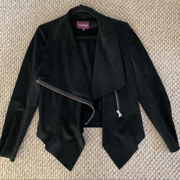 Black faux suede drape zipper jacket - Picture 4 of 5